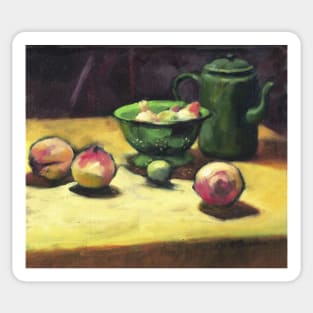 The Green Collander, oil painting on board. Sticker